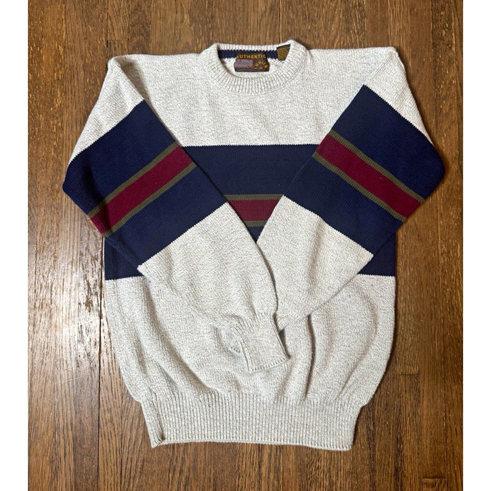 Vintage Authentic Men's M Gray Crewneck Cotton TightKnit Stripe Pullover Sweater